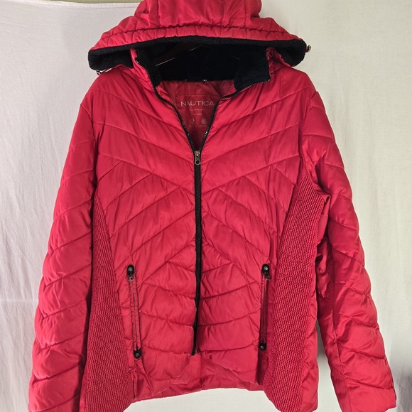 Nautica Jacket Women Size 2XL RED Puffer Winter Faux Fur Hood Thumb Holes EC - Picture 1 of 5